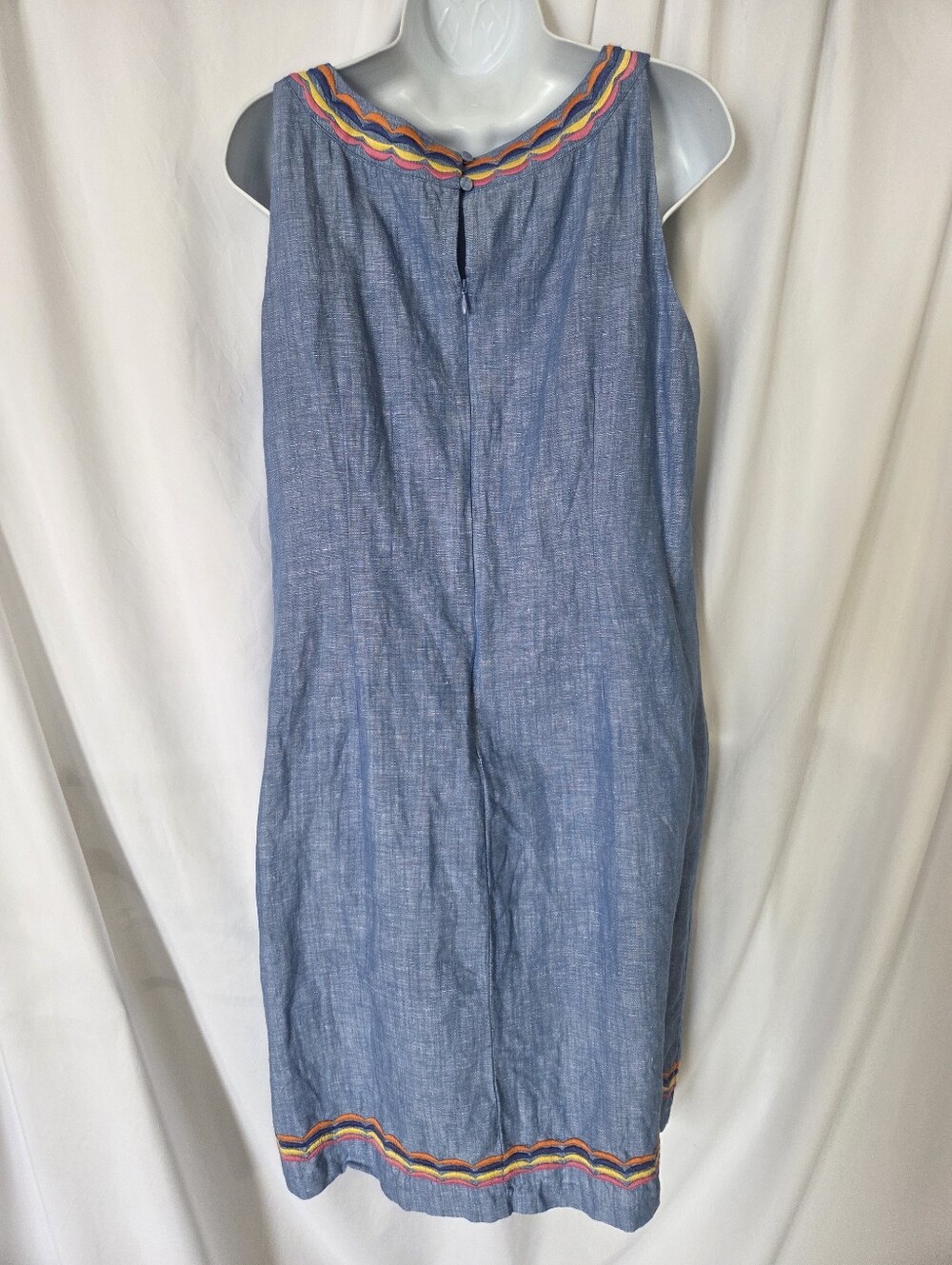 Talbots Blue Sleeveless Linen Blend Midi Multicolor Scalloped Trim. Size 10 - Picture 4 of 7